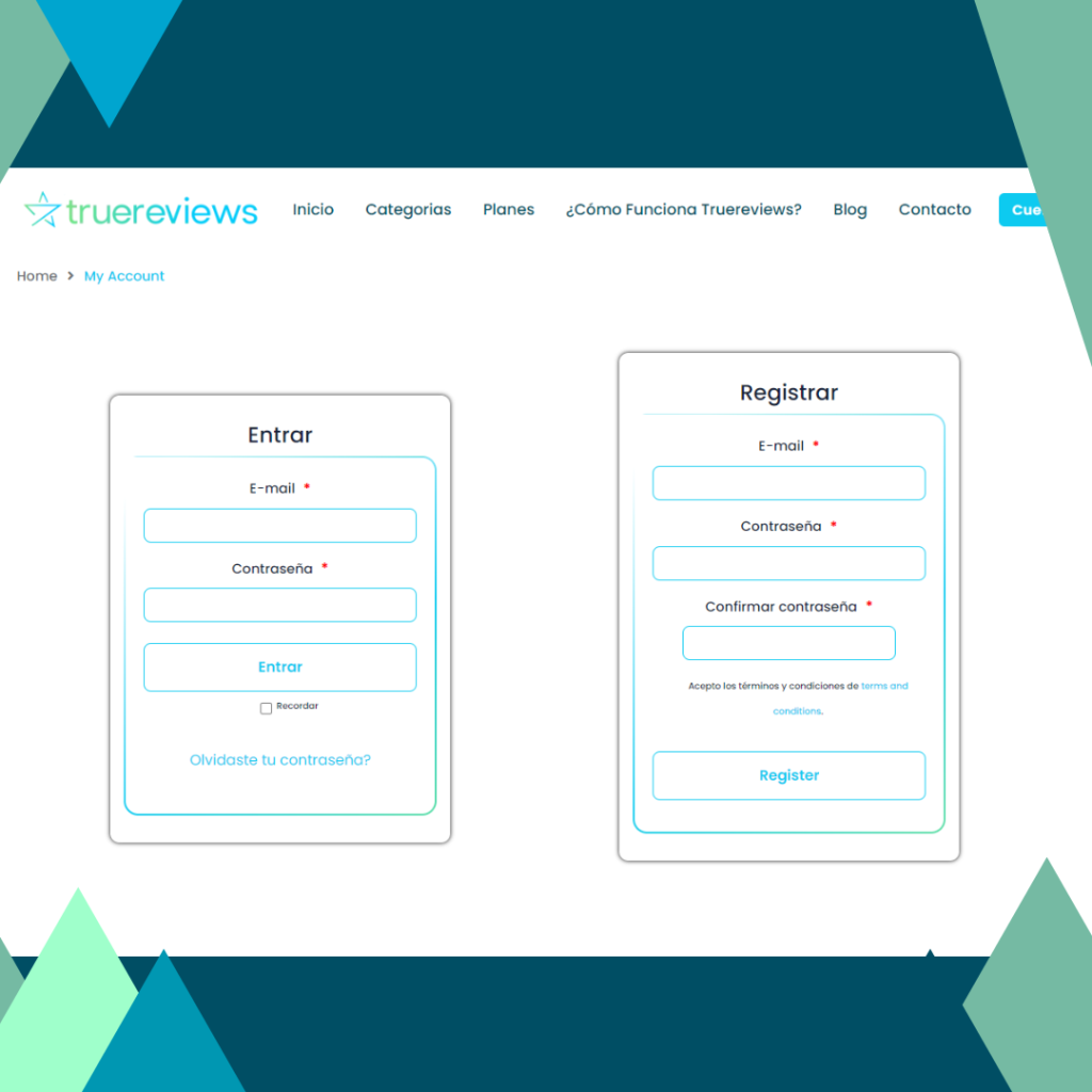 Página de registro de TrueReviews